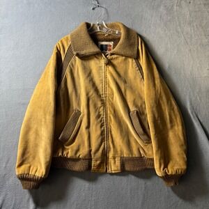 Vintage William Barry Corduroy Bomber Jacket Mustard Tan Faux Fur Lined 40